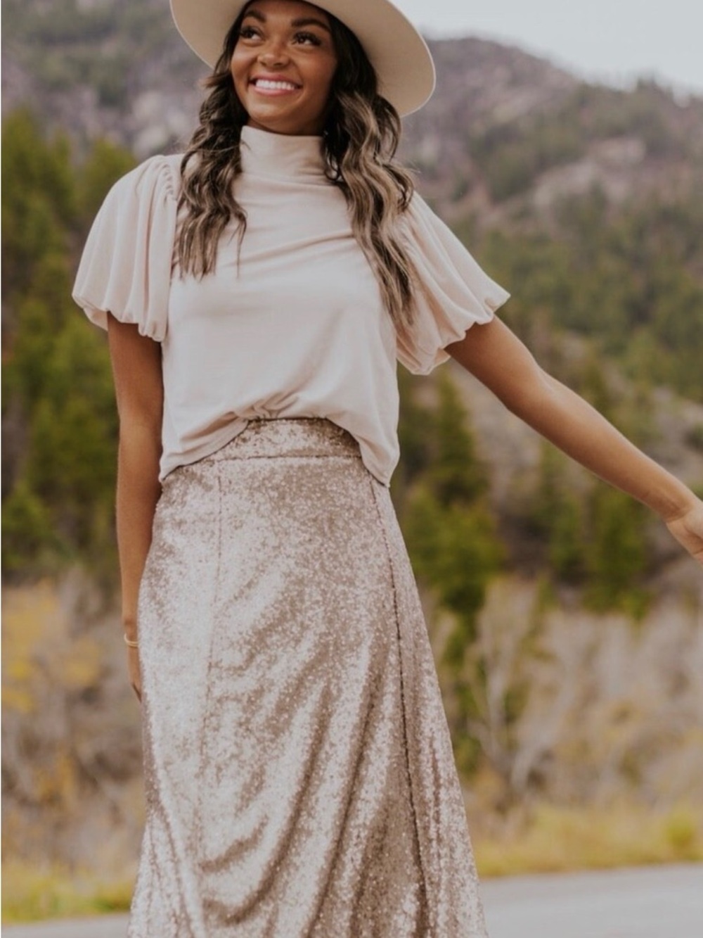 Free People Puff Sleeve Velvet Mock Neck Top, Pale Blush, Size M